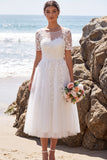 White Floral Appliqued A-Line Illusion Neck Midi Wedding Dress