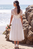White Floral Appliqued A-Line Illusion Neck Midi Wedding Dress