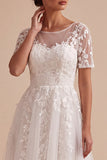 White Floral Appliqued A-Line Illusion Neck Midi Wedding Dress