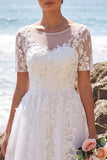 White Floral Appliqued A-Line Illusion Neck Midi Wedding Dress