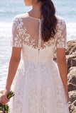 White Floral Appliqued A-Line Illusion Neck Midi Wedding Dress