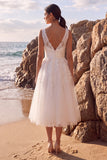 White A-Line V-Neck Floral Appliqued Midi Wedding Dress