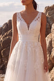 White A-Line V-Neck Floral Appliqued Midi Wedding Dress