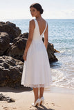 White V-Neck Ruched A-Line Midi Wedding Dress with Lace