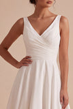 White V-Neck Ruched A-Line Midi Wedding Dress with Lace