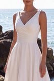 White V-Neck Ruched A-Line Midi Wedding Dress with Lace
