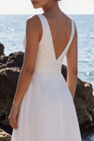 White V-Neck Ruched A-Line Midi Wedding Dress with Lace