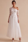 White A-Line One Shoulder Tulle Appliqued Long Wedding Dress