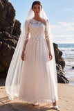 White A-Line One Shoulder Tulle Appliqued Long Wedding Dress