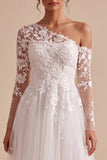 White A-Line One Shoulder Tulle Appliqued Long Wedding Dress