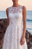 Floral White Embroidered A-Line Illusion Neck Long Wedding Dress