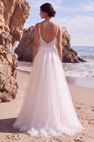 White Appliqued A-Line V-Neck Tulle Floral Long Wedding Dress