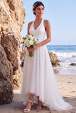 White Halter A-Line V-Neck High-Low Wedding Dress