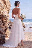 White Halter A-Line V-Neck High-Low Wedding Dress