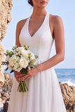 White Halter A-Line V-Neck High-Low Wedding Dress