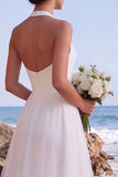 White Halter A-Line V-Neck High-Low Wedding Dress