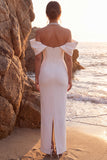 White Halter Sheath Satin Off the Shoulder Beaded Long Wedding Dress
