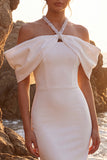 White Halter Sheath Satin Off the Shoulder Beaded Long Wedding Dress