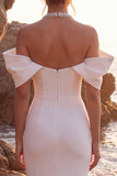 White Halter Sheath Satin Off the Shoulder Beaded Long Wedding Dress