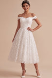 Off the Shoulder White A-Line Lace Midi Wedding Dress
