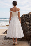 Off the Shoulder White A-Line Lace Midi Wedding Dress