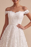 Off the Shoulder White A-Line Lace Midi Wedding Dress