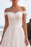 Off the Shoulder White A-Line Lace Midi Wedding Dress