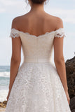 Off the Shoulder White A-Line Lace Midi Wedding Dress