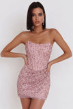 Pink Corset Ruched Sequins Strapless Bodycon Short Cocktail Dress