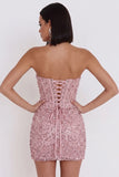 Pink Corset Ruched Sequins Strapless Bodycon Short Cocktail Dress