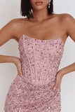 Pink Corset Ruched Sequins Strapless Bodycon Short Cocktail Dress