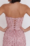Pink Corset Ruched Sequins Strapless Bodycon Short Cocktail Dress