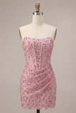 Pink Corset Ruched Sequins Strapless Bodycon Short Cocktail Dress