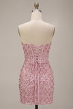 Pink Corset Ruched Sequins Strapless Bodycon Short Cocktail Dress
