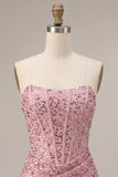 Pink Corset Ruched Sequins Strapless Bodycon Short Cocktail Dress