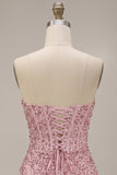 Pink Corset Ruched Sequins Strapless Bodycon Short Cocktail Dress