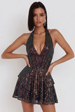 Sparkly Black Halter Neck Tiered Ruffle Sequins Short Cocktail Dress