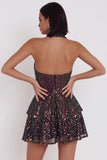 Sparkly Black Halter Neck Tiered Ruffle Sequins Short Cocktail Dress