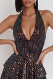 Sparkly Black Halter Neck Tiered Ruffle Sequins Short Cocktail Dress