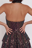 Sparkly Black Halter Neck Tiered Ruffle Sequins Short Cocktail Dress