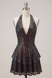 Sparkly Black Halter Neck Tiered Ruffle Sequins Short Cocktail Dress