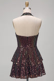Sparkly Black Halter Neck Tiered Ruffle Sequins Short Cocktail Dress