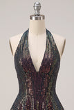 Sparkly Black Halter Neck Tiered Ruffle Sequins Short Cocktail Dress