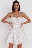 White Sequins A-Line Ruched Spaghetti Straps Short Cocktail Dress with Bow