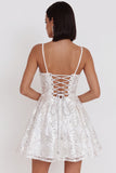 White Sequins A-Line Ruched Spaghetti Straps Short Cocktail Dress with Bow