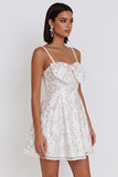 White Sequins A-Line Ruched Spaghetti Straps Short Cocktail Dress with Bow