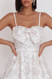 White Sequins A-Line Ruched Spaghetti Straps Short Cocktail Dress with Bow