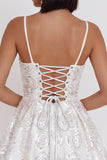 White Sequins A-Line Ruched Spaghetti Straps Short Cocktail Dress with Bow