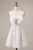 White Sequins A-Line Ruched Spaghetti Straps Short Cocktail Dress with Bow