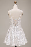 White Sequins A-Line Ruched Spaghetti Straps Short Cocktail Dress with Bow